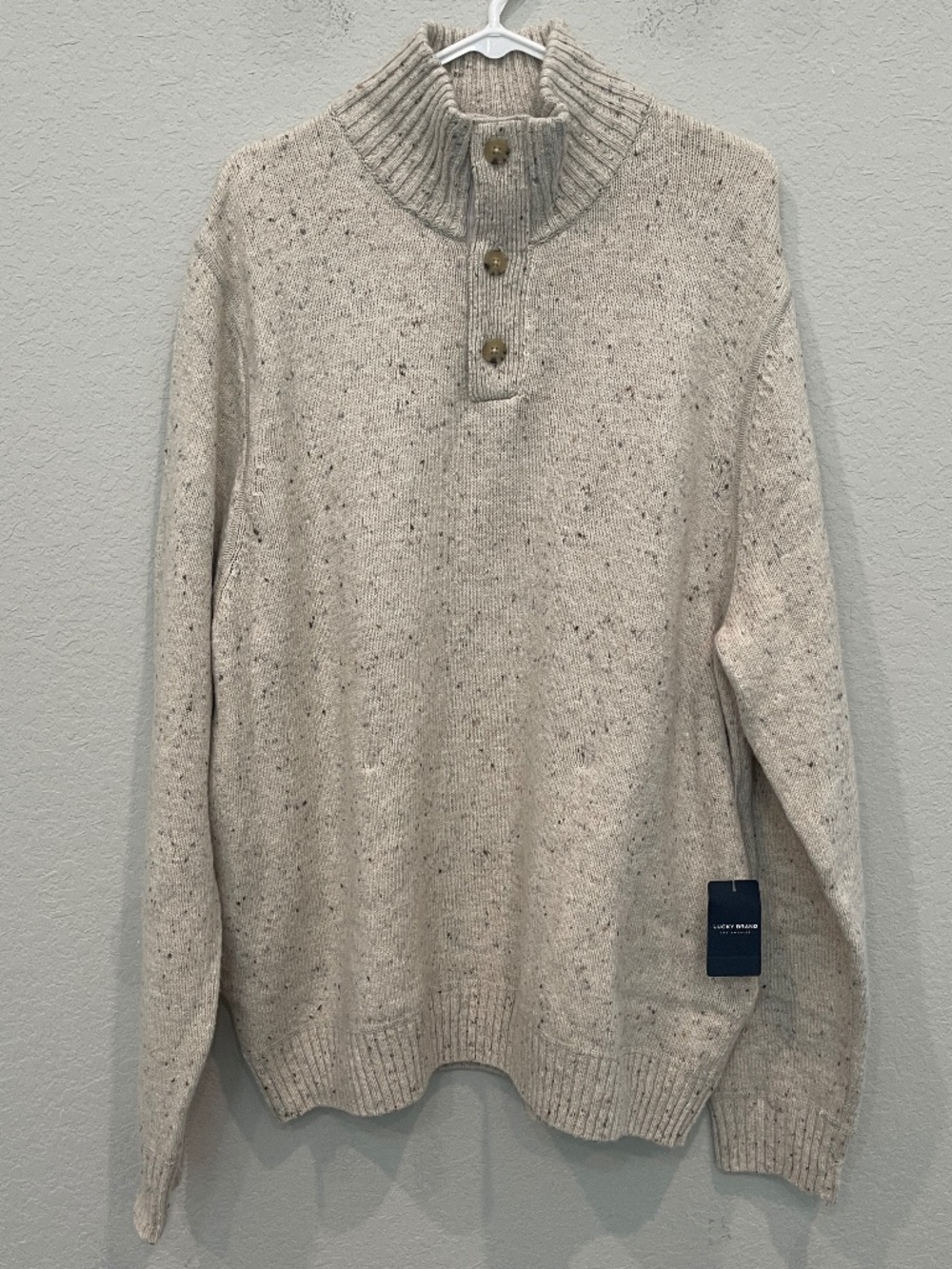 Lucky Brand Tweed Sweater Men's XL Gray Cream Mock Neck Knit Wool Blend